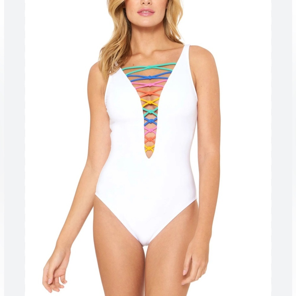 Bleu Rod Beattie One Piece Swimsuit Rainbow Lattice Detail High Neck Festival 6